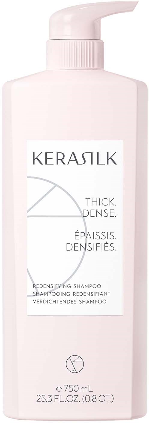 A white shampoo bottle with a pump, labeled "KERASILK" for thick and dense hair care.