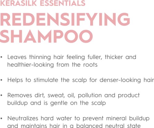Text about benefits of redensifying shampoo, including making hair thicker, cleaner, and healthier, and removing dirt and oil.
