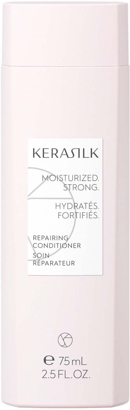 En vit flaska märkt KERASILK, 75 ml, för att reparera och återfukta håret. Den är ett balsam.
