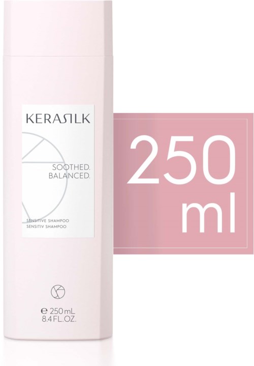Een witte fles Keraslik Sensitive Shampoo met roze achtergrond, gemarkeerd 250 ml.