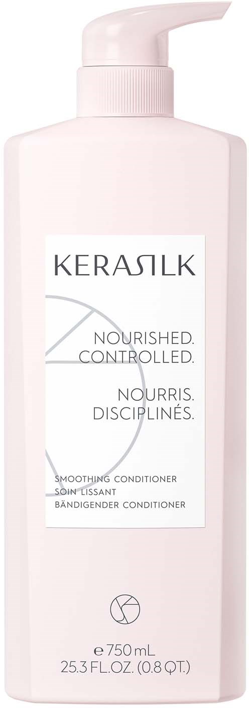En vit flaska med pump, märkt 'KERASTASE Nourished. Controlled.' och instruktioner för hårbalsam.