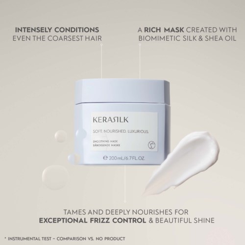 Een pot masker met tekst over voedende ingrediënten en frizz-beheersing. Bevat klodders crème aan de zijkant.