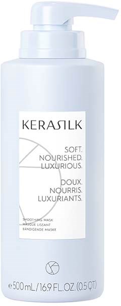 En vit flaska med pump, märkt "KERASILK" och beskriven som närande, mjuk och lyxig hårmask.