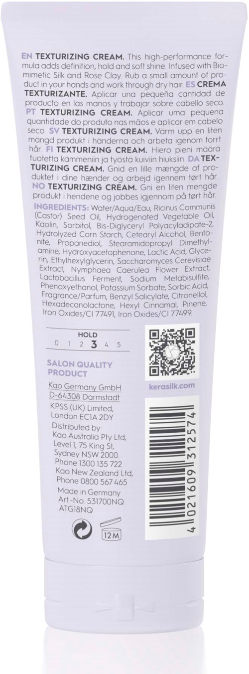 The image shows the back of a tube of textureizing cream with text, barcode, and QR code.
