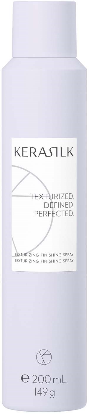 A white spray can with the word 'KERASILK' and some descriptive text and symbols on it.
