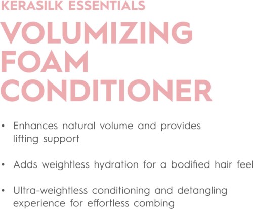 Textbasierte Werbung für kerasilk essentials volumizing foam conditioner, die die Vorteile hervorhebt.
