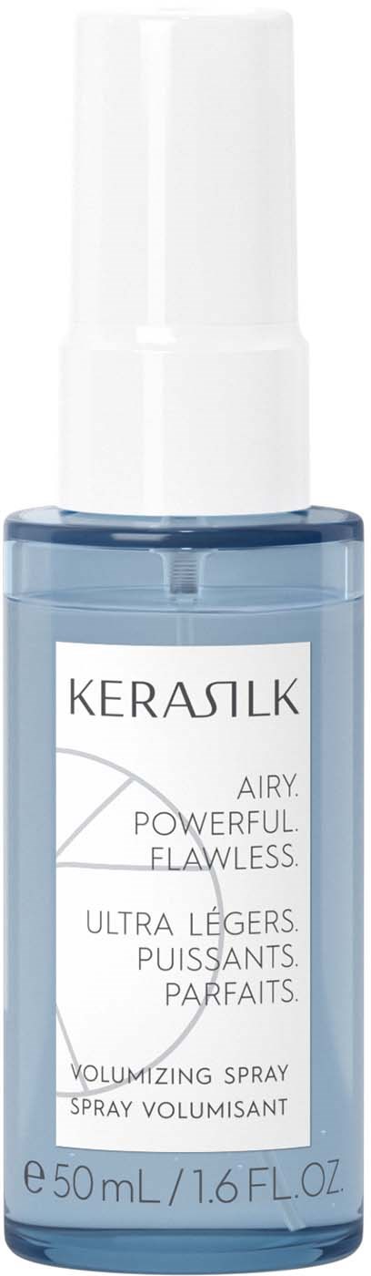 En blå flaska med vitt spraylock, märkt Kerasilk, volym 50ml, för hårstyling.