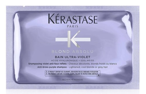 Lavendelshampoo för blont hår, med antielreflekterande och anti-brassy formula, i ett silverpaket.