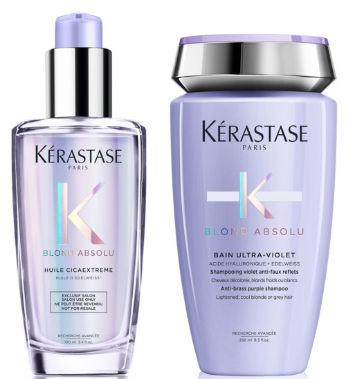 Två flaskor med hårvårdsprodukter, en med pump och en med lock, båda märkta 'Kérastase Blond Absolu'.