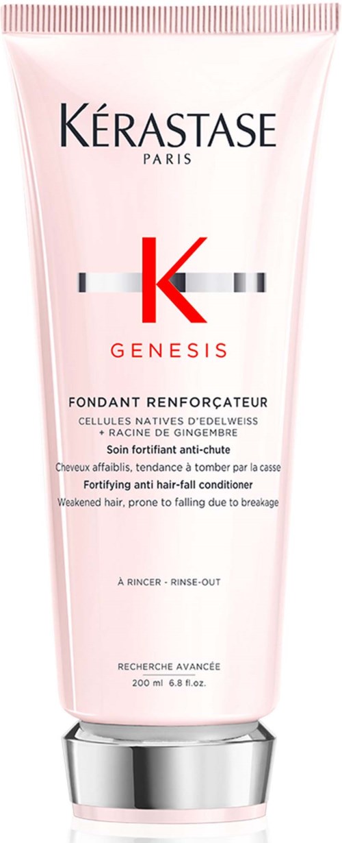 Rosa hårvårdspasta med svart och röd text, märkt som Kérastase Genesis, för att stärka och stärka håret.
