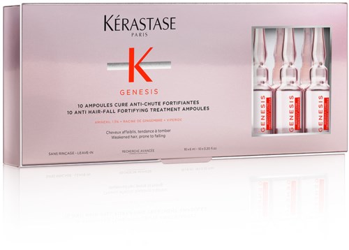 A box of 10 Ampoules for hair fall treatment, with small bottles visible on the right side. Text explains product details.