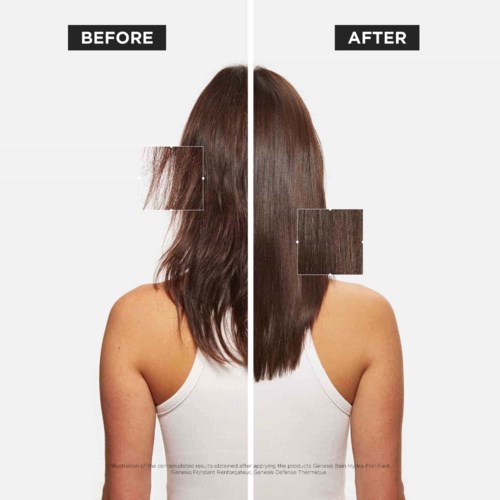 A woman with long, frizzy hair on the left and straight, shiny hair on the right after hair treatment.
