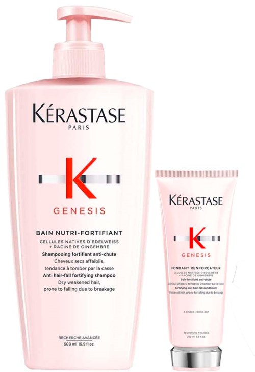 Two hair care products from Kérastase Genesis, one large pump bottle and a smaller tube.