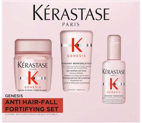 Kérastase Paris Genesis vastustuskykyinen hiustenlähtöä ehkäisevä sarja, sisältää shampoon, seerumin ja hiustenhoitotuotteita.