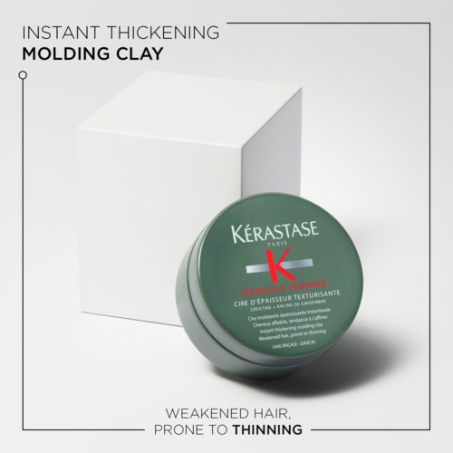 En grön burk med Kerastase hårprodukt framför ett vitt box, med text om förtjockningslera och håravfall.