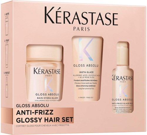 Hårplejesæt kaldet Gloss Absolu med shampoo, glaze og spray til kruset og blankt hår.