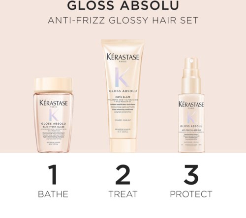 Et sæt af tre hårprodukter mærket Bade, Behandl og Beskyt for glansfuldt, frizz-frit hår.