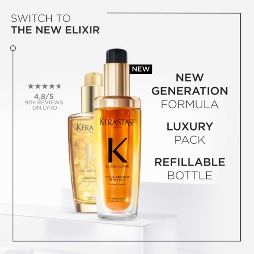 Text och bilder av Kérastase Elixir-flaskor som marknadsför en ny, lyxig, påfyllningsbar formula.