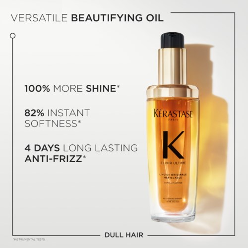 Det här är en annons för en hårolja kallad Kérastase Elixir Ultime. Den lovar mer glans, mjukhet och långvarig anti-frisyr för tråkigt hår.
