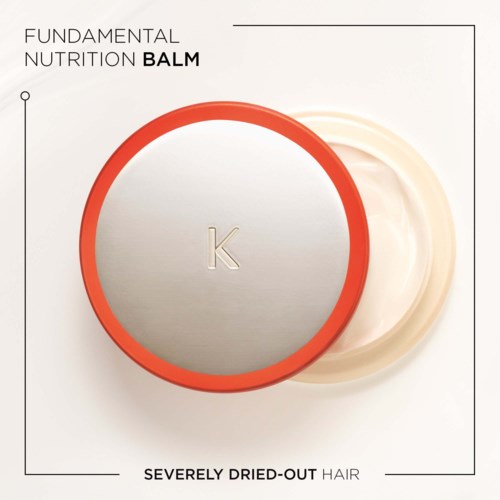 Ympyräinen purkki, jossa lukee 'FUNDAMENTAL NUTRITION BALM' ja sisältää kerman, tarkoitettu kuivalle hiukselle.