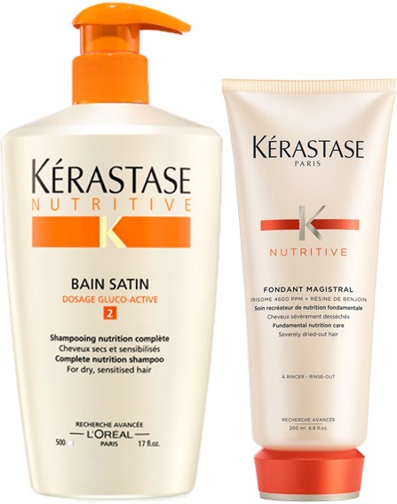 Two hair care products from Kérastase Nutritive, one shampoo and one conditioner, for dry, sensitive hair.