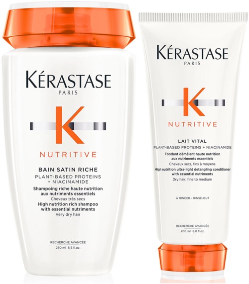 Zwei Haarpflegeprodukte von Kérastase Paris, Shampoo und Conditioner, für sehr trockenes Haar.