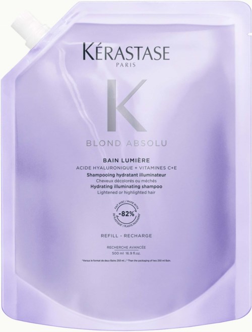 Tämä on purple täyttöpusse Kérastase Blond Absolu kosteuttavaa shampoota, jossa on vitamiineja ja hyaluronihappoa.