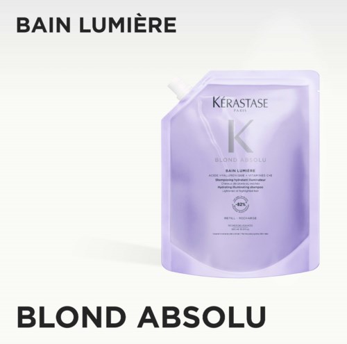 Violetti hiusten shampoopussi, jossa on Kérastase ja Blond Absolu.