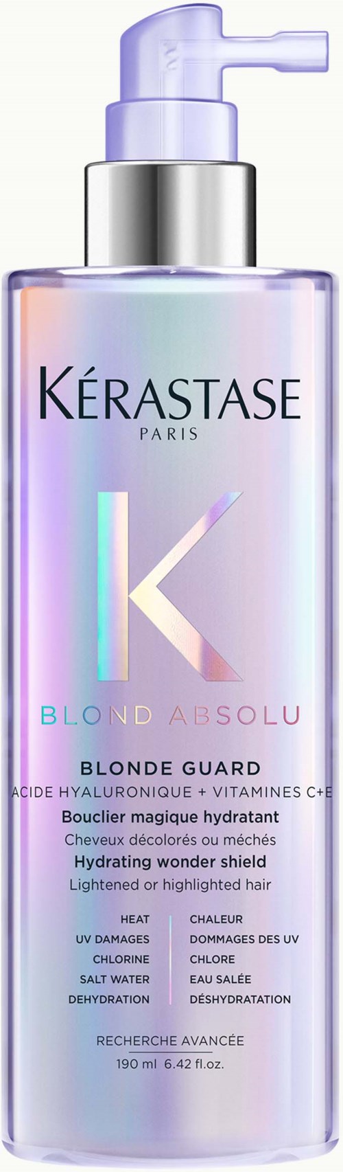 A tall, iridescent bottle of Kérastase Blond Absolu Blonde Guard with a pump, designed for hair protection and hydration.