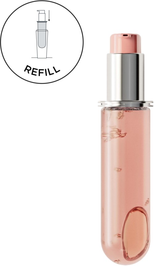 En rosa och silverfärgad flaska med pump, visar en påfyllningsikon för produkten.