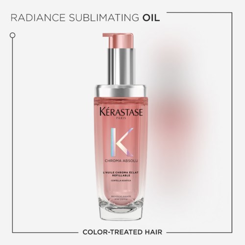 En rosa hårolje-flaska med pump, märkt Kérastase Chroma Absolu, avsedd för färgbehandlat hår.