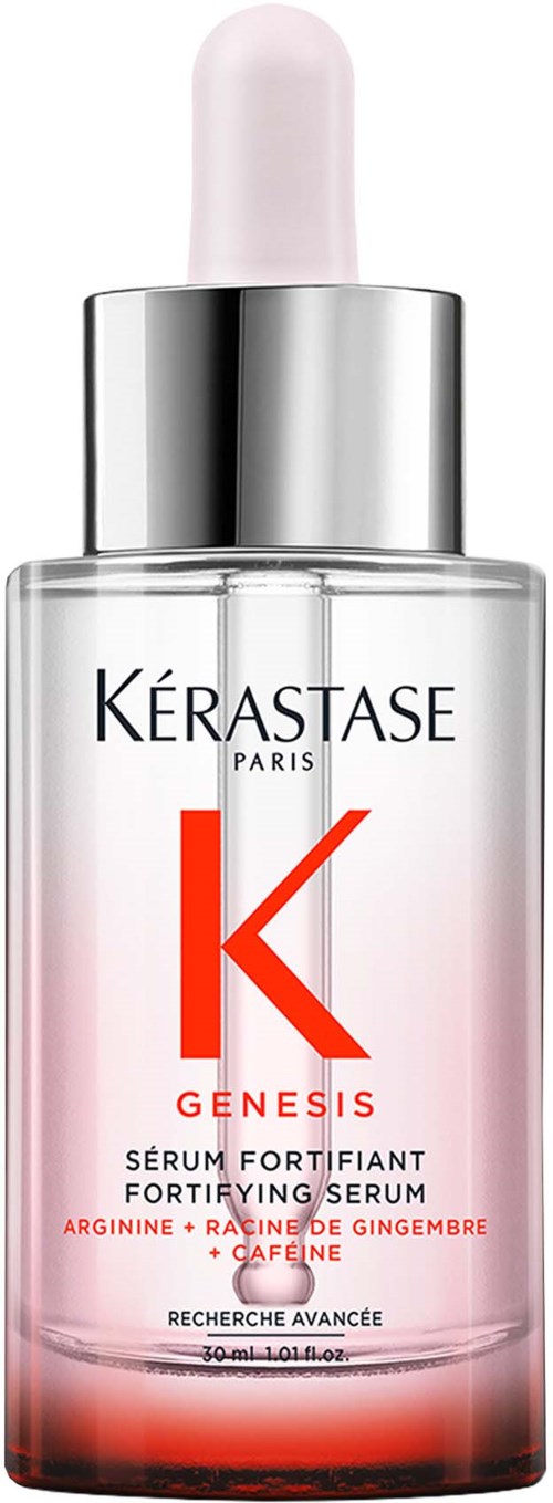 A clear glass bottle of hair serum with a white and pink gradient label and a dropper cap.