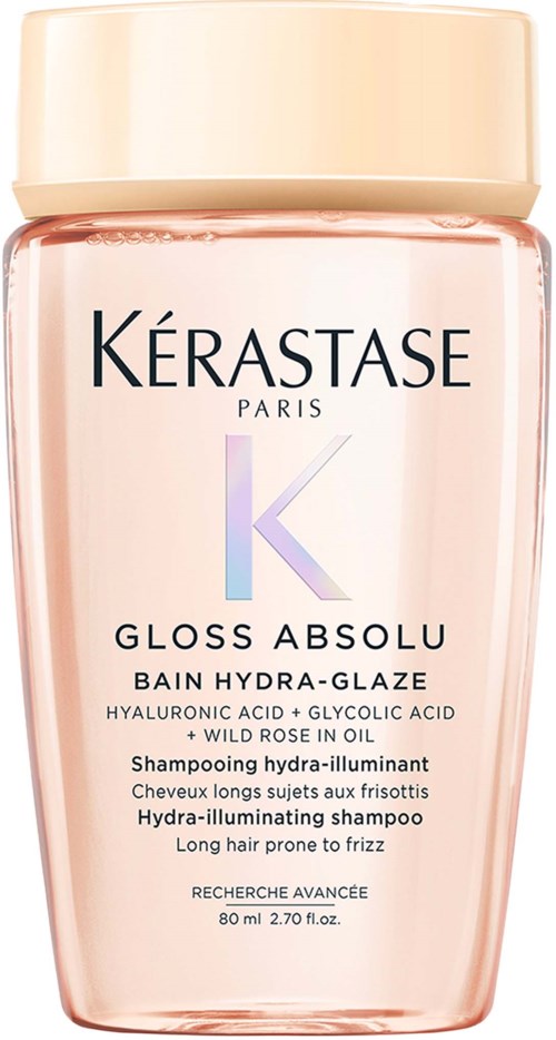 Det är en rosa flaska av Kérastase Gloss Absolu Hydra-Glaze schampo för långt, frissigt hår med hyaluronsyra och glykolsyra.