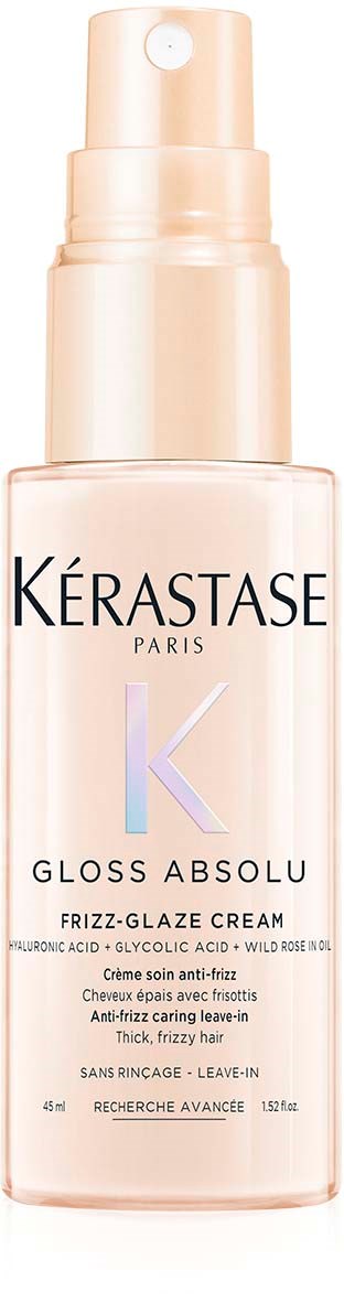 Kérastase Gloss Absolu-kræme til krøllet, tykt og frizzet hår med lyserosa flaske.