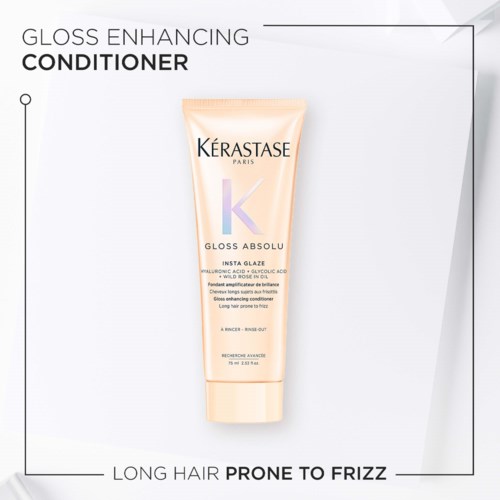 KeraStase Gloss Absolu hoitoaine pitkälle hiuksille, jotka taipuvat pörröisyyteen. Teksti korostaa etuja ja käyttöä.