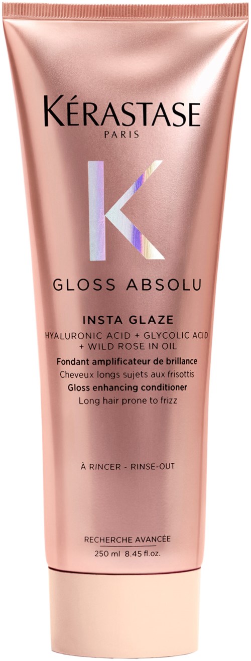 Vaaleanpunainen putki Kérastase Gloss Absolu -hiustenhoitotuotteella ja tuotetiedoilla.