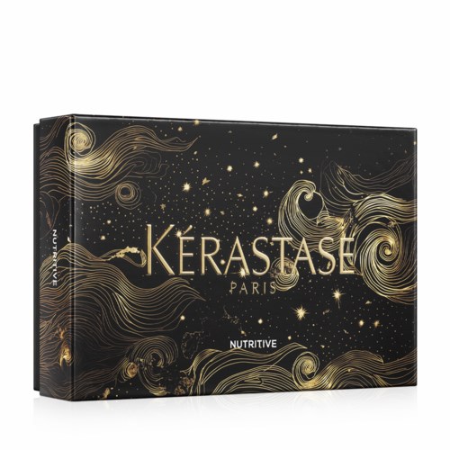 A black box with gold swirls and stars, displaying the brand name Kérastase Paris and the word Nutritive.
