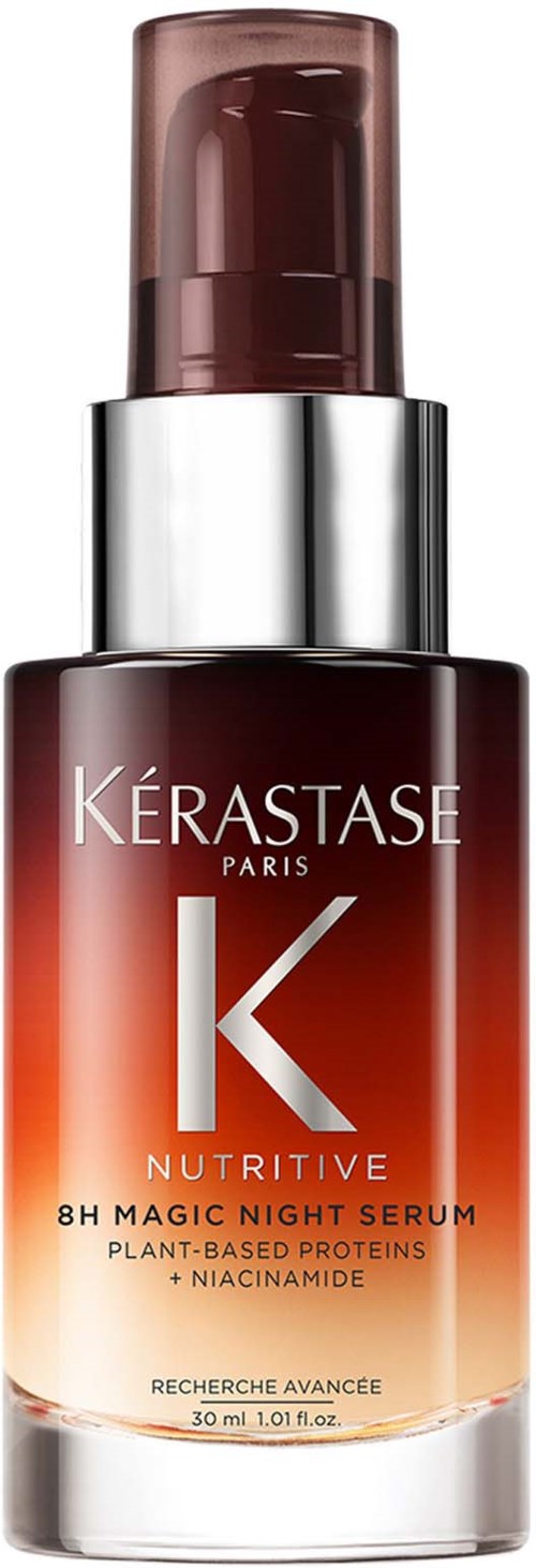 A bottle of Kérastase Paris Nutritive 8H Magic Night Serum with plant proteins and niacinamide.