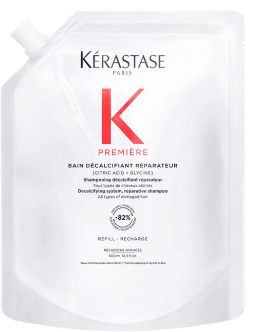 Nachfüllpackung von Kérastase Bain Decalcifiant Reparateur Shampoo für geschädigtes Haar mit Zitronensäure und Glycerin.