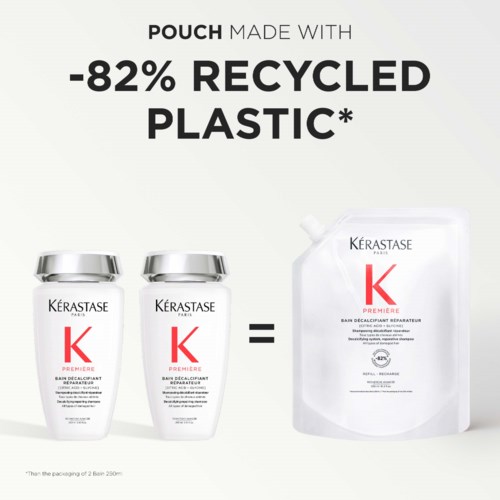 Logo und Verpackung von Kérastase Paris Haarpflegeprodukten, die bis zu 82% recyceltem Kunststoff enthalten.