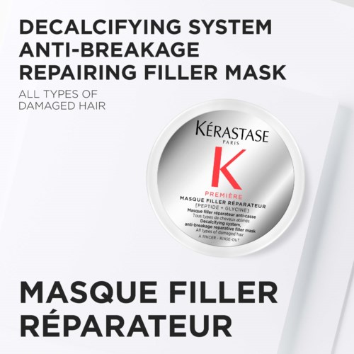 Dette er en hårplejemaske fra Kérastase til beskadiget hår, kaldet Masque Filler Réparateur, med fokus på anti-brud.