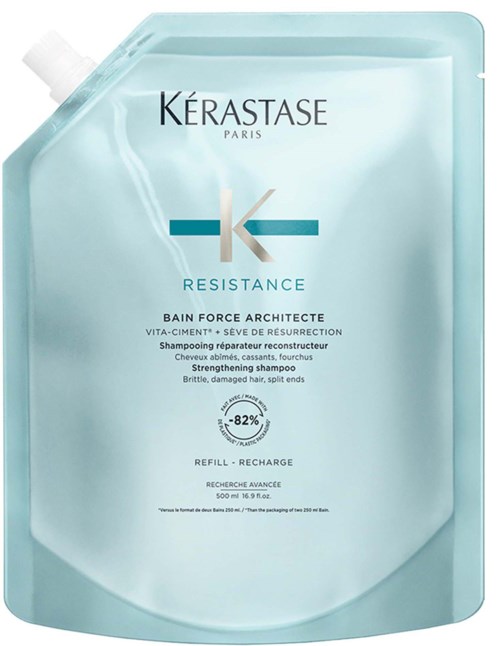 Kérastase Resistance Bain Force Architect sjampo refillposer med blå og hvit emballasje.