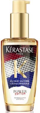 En guldfärgad flaska med pump, märkt Kérastase Elixir Ultime, Power Edition, används för hårvård.