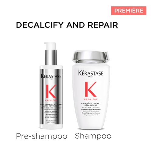 Billedet viser to hårplejeprodukter mærket 'Pre-shampoo' og 'Shampoo' fra Kérastase med en rød 'PREMIÈRE'-mærke.