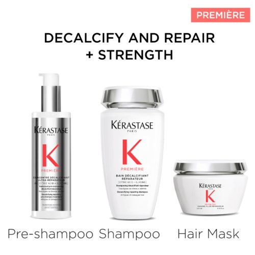 Tre hårplejeprodukter: for-shampoo, hårmaske og en styrkende shampoo, med påstande om at reparere og styrke håret.