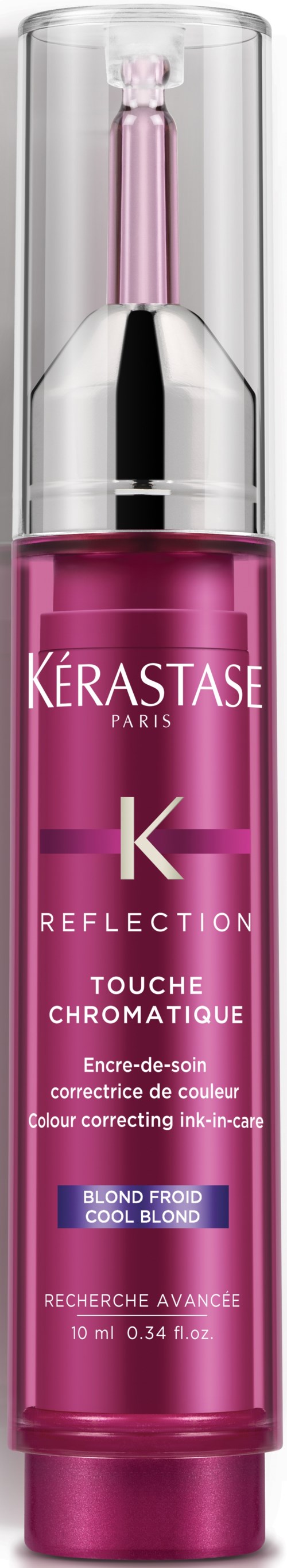 En rosa kosmetikflaska med silverpump och genomskinlig lock, märkt "Kérastase Paris Reflection."
