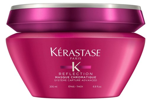 En rosa krukke med Kérastase Reflection hårmaske, tykk formula, 200 ml, med sølvhette.