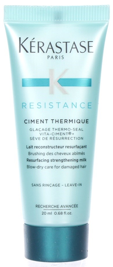 A tube of Kérastase Resistance hair treatment for damaged, unwashed hair, with label describing its purpose and ingredients.
