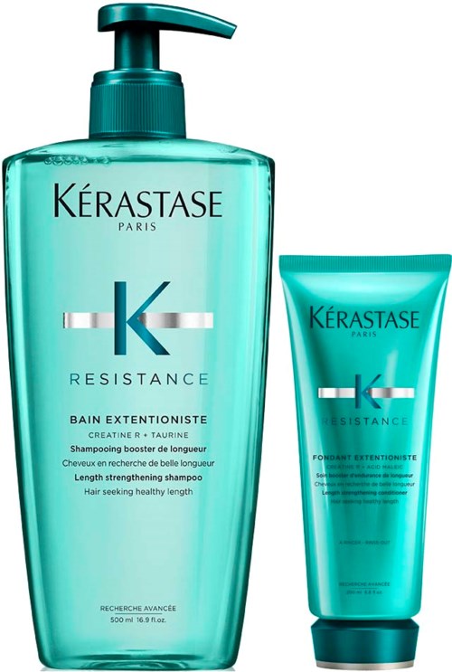 Dwie turkusowe butelki, jedna duża z pompką i druga mniejsza, to produkty do pielęgnacji włosów marki Kérastase Resistance.