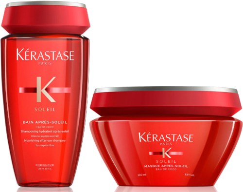 Two red hair care products, one in a tall bottle and one in a bowl, from Kerastase. They are for sun protection.